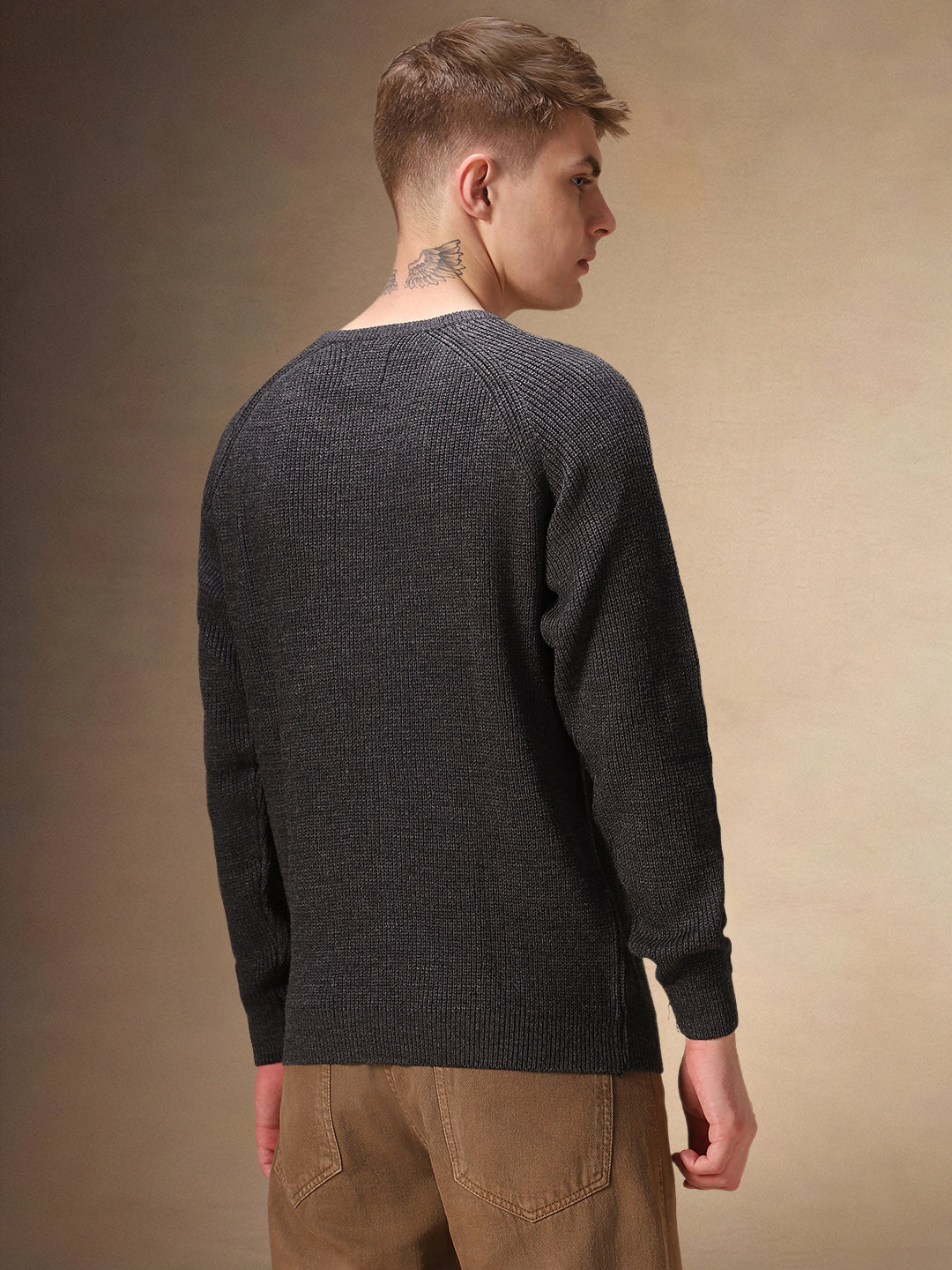 Men's Grey Round Neck Full Sleeves Pullover Sweater