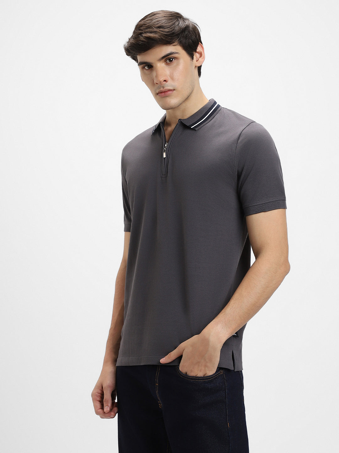 Men's Polo Regular Fit Solid Charcoal T-Shirt