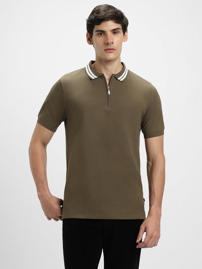 Dennis Lingo Men's Olive Polo Collar Regular Fit Cotton T-shirt