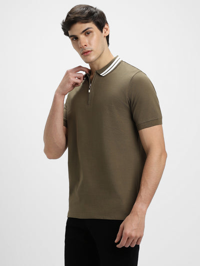 Dennis Lingo Men's Olive Polo Collar Regular Fit Cotton T-shirt