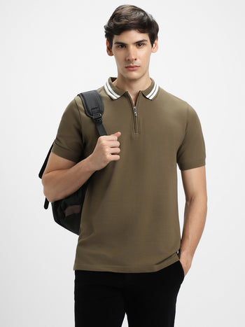 Men's Olive Polo Collar Regular Fit Cotton T-shirt