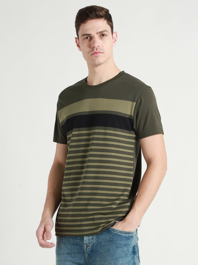 Dennis Lingo Men's Olive Striped Cotton Slim Fit T-shirt