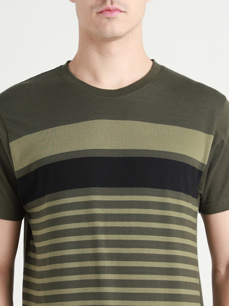 Dennis Lingo Men's Olive Striped Cotton Slim Fit T-shirt