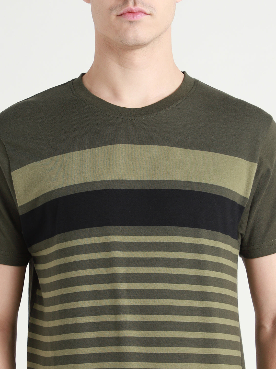 Men's Olive Striped Cotton Slim Fit T-shirt