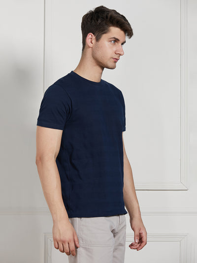 Men's Dark Blue Cotton Regular Fit Textured Round Neck T-Shirt