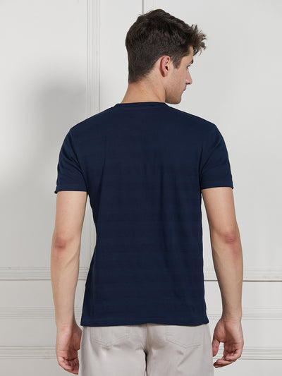 Men's Dark Blue Cotton Regular Fit Textured Round Neck T-Shirt