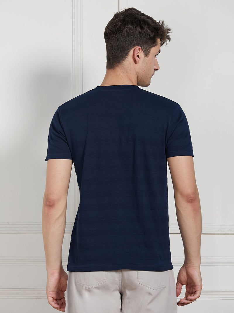 Men's Dark Blue Cotton Regular Fit Textured Round Neck T-Shirt