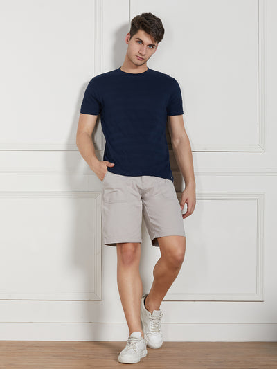 Men's Dark Blue Cotton Regular Fit Textured Round Neck T-Shirt