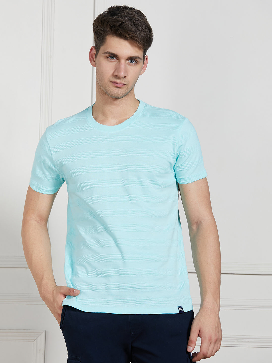 Dennis Lingo Men Light Blue Cotton Regular Fit Textured Round neck T-Shirt