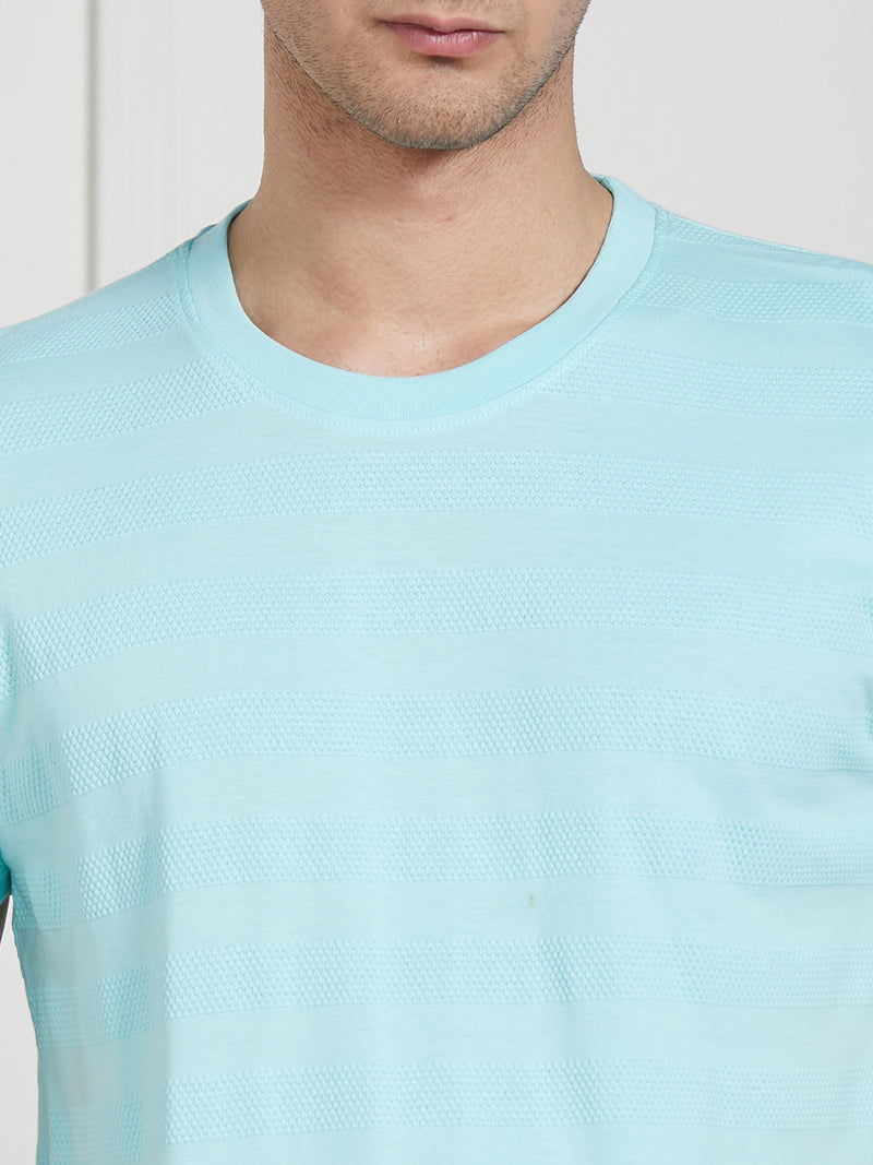 Dennis Lingo Men Light Blue Cotton Regular Fit Textured Round neck T-Shirt