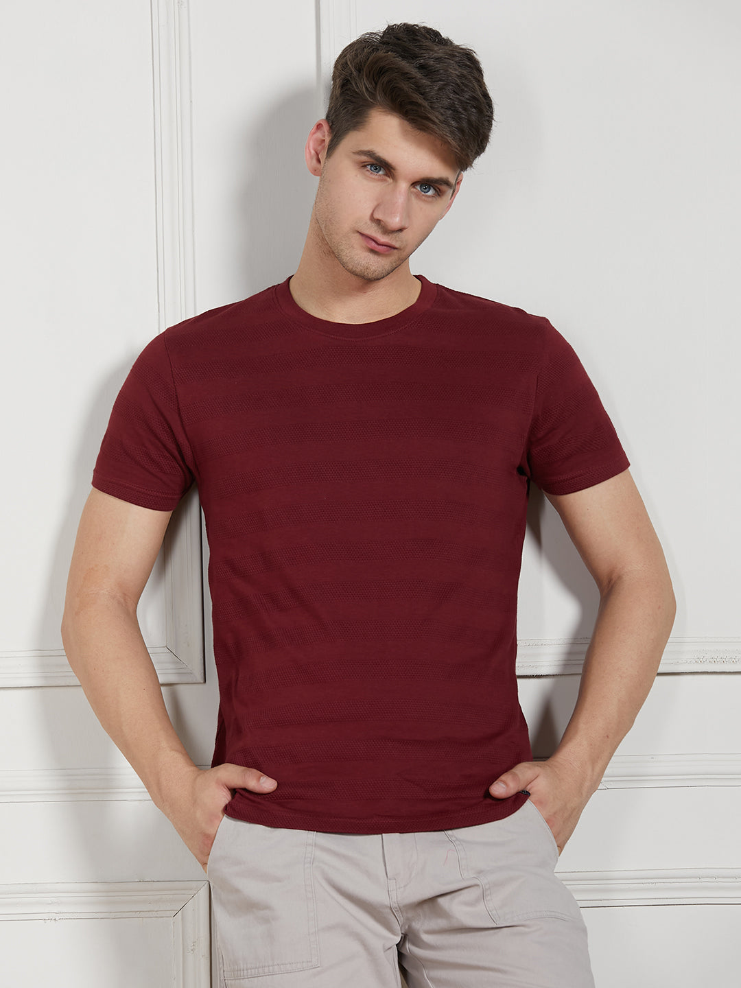 Dennis Lingo Men Maroon Cotton Regular Fit Textured Round Neck T-Shirt