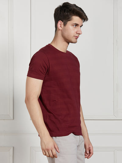 Men's Maroon Cotton Regular Fit Textured Round Neck T-Shirt