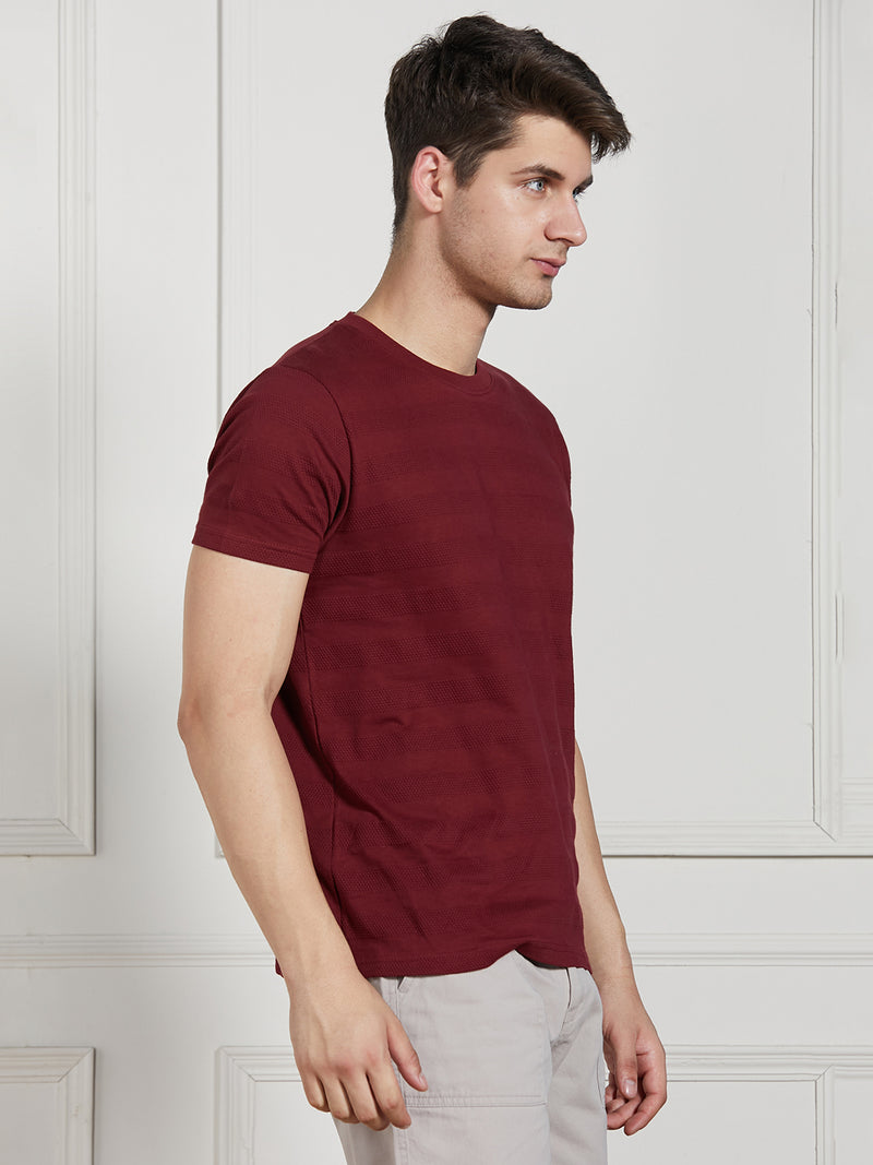 Men's Maroon Cotton Regular Fit Textured Round Neck T-Shirt