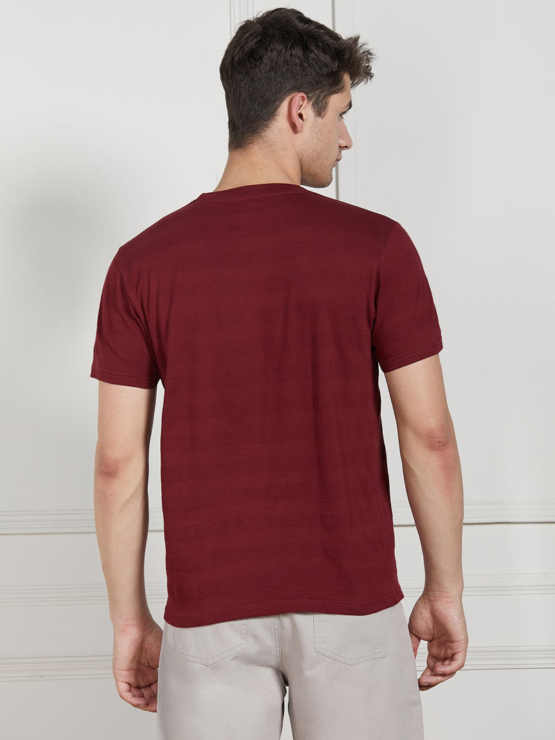 Dennis Lingo Men Maroon Cotton Regular Fit Textured Round Neck T-Shirt