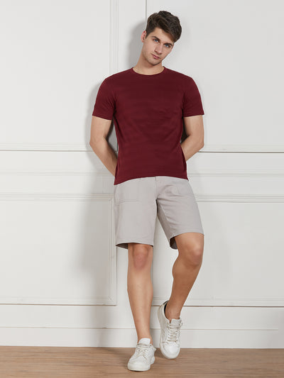 Men's Maroon Cotton Regular Fit Textured Round Neck T-Shirt