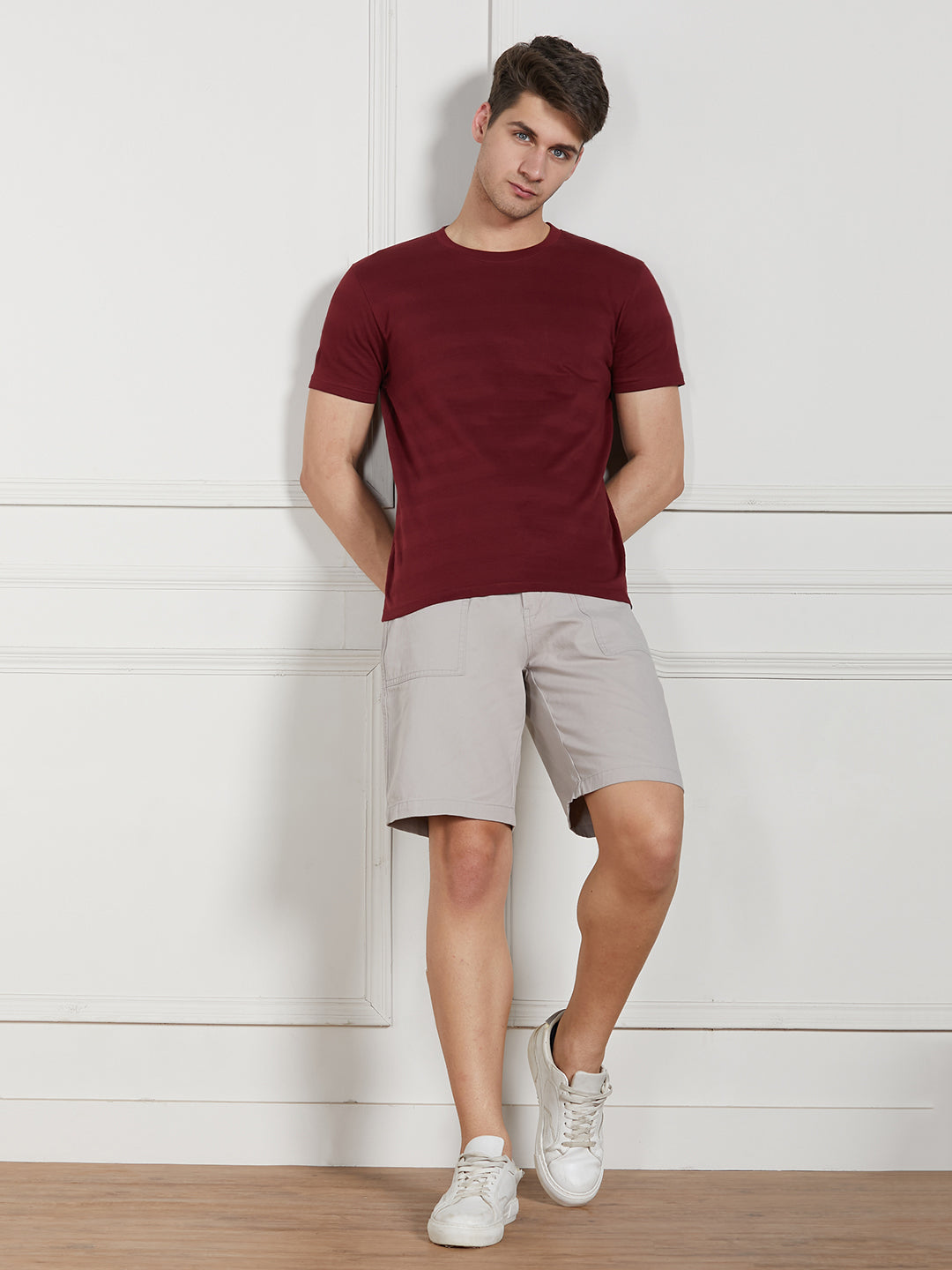 Men's Maroon Cotton Regular Fit Textured Round Neck T-Shirt