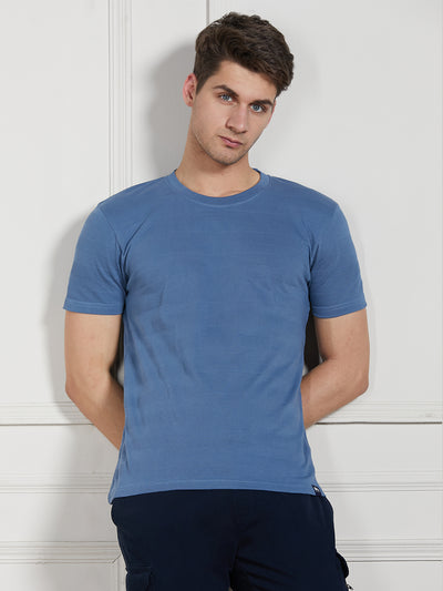 Dennis Lingo Men Navy Cotton Regular Fit Textured Round neck T-Shirt