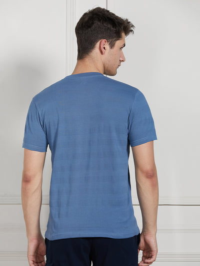 Men's Navy Cotton Regular Fit Textured Round neck T-Shirt