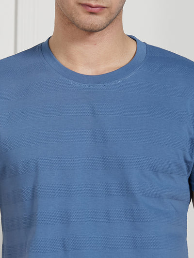 Men's Navy Cotton Regular Fit Textured Round neck T-Shirt