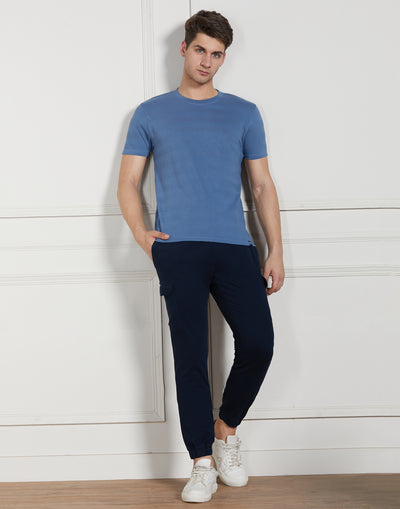 Men's Navy Cotton Regular Fit Textured Round neck T-Shirt