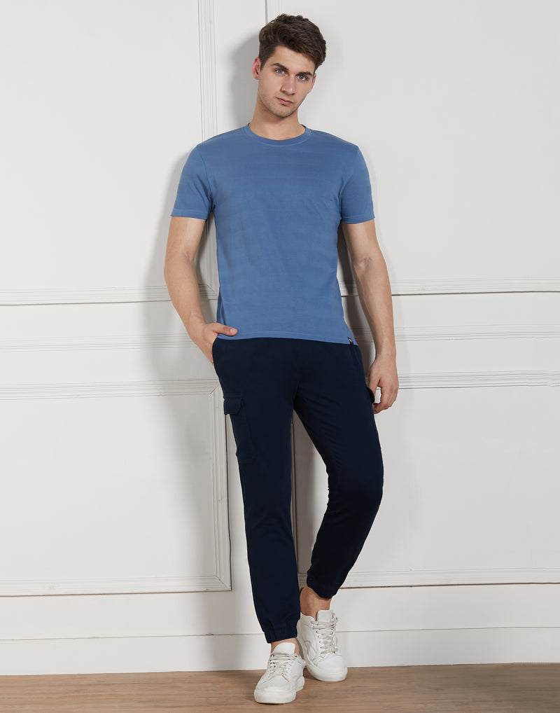 Men's Navy Cotton Regular Fit Textured Round neck T-Shirt