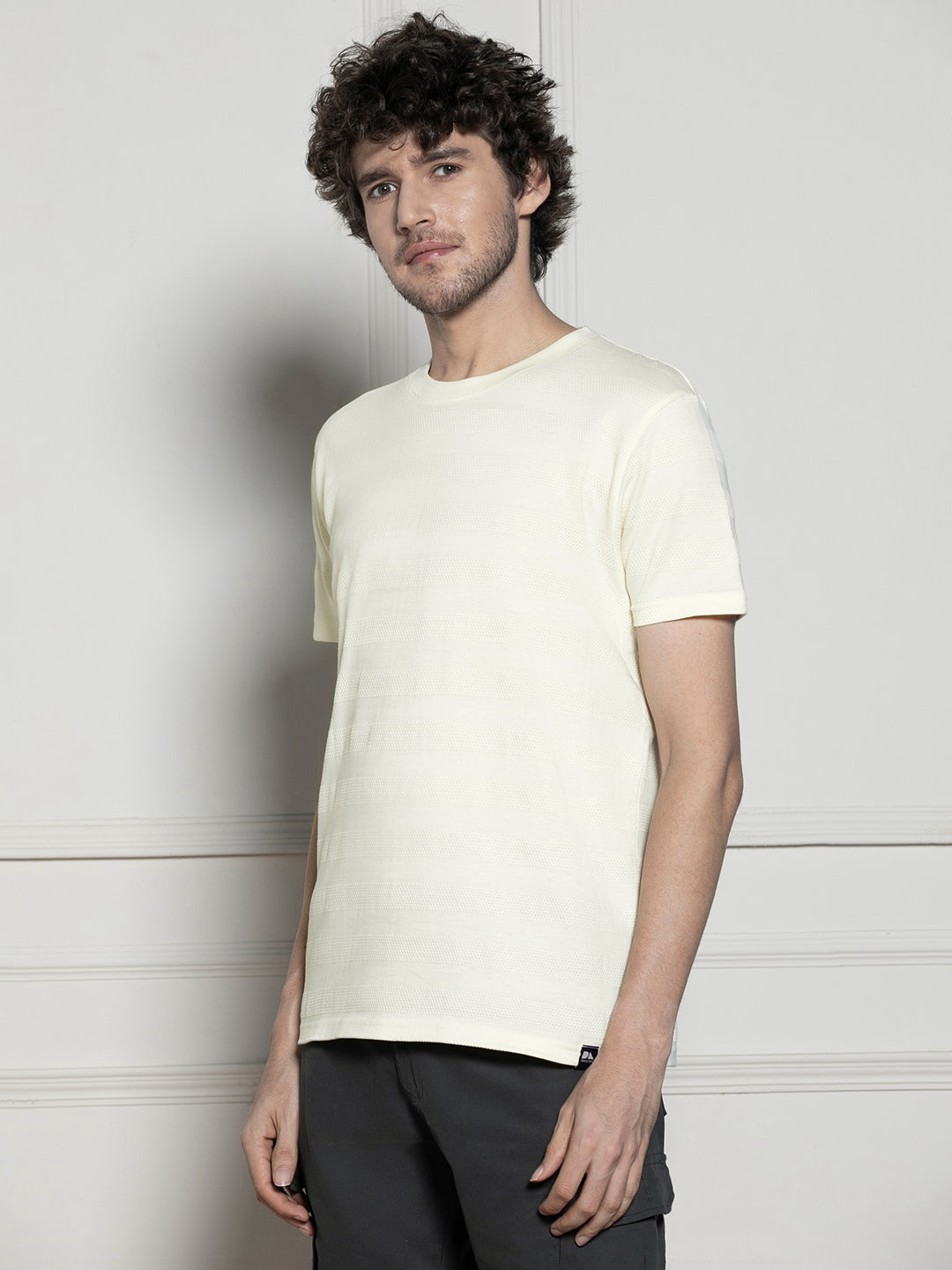 Dennis Lingo Men's Off-white Round neck Textured Casual T-shirt