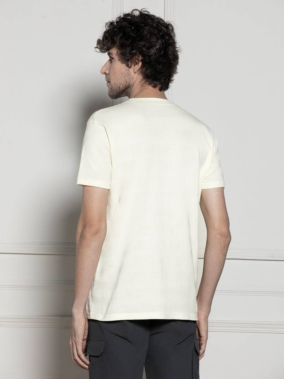 Dennis Lingo Men's Off-white Round neck Textured Casual T-shirt