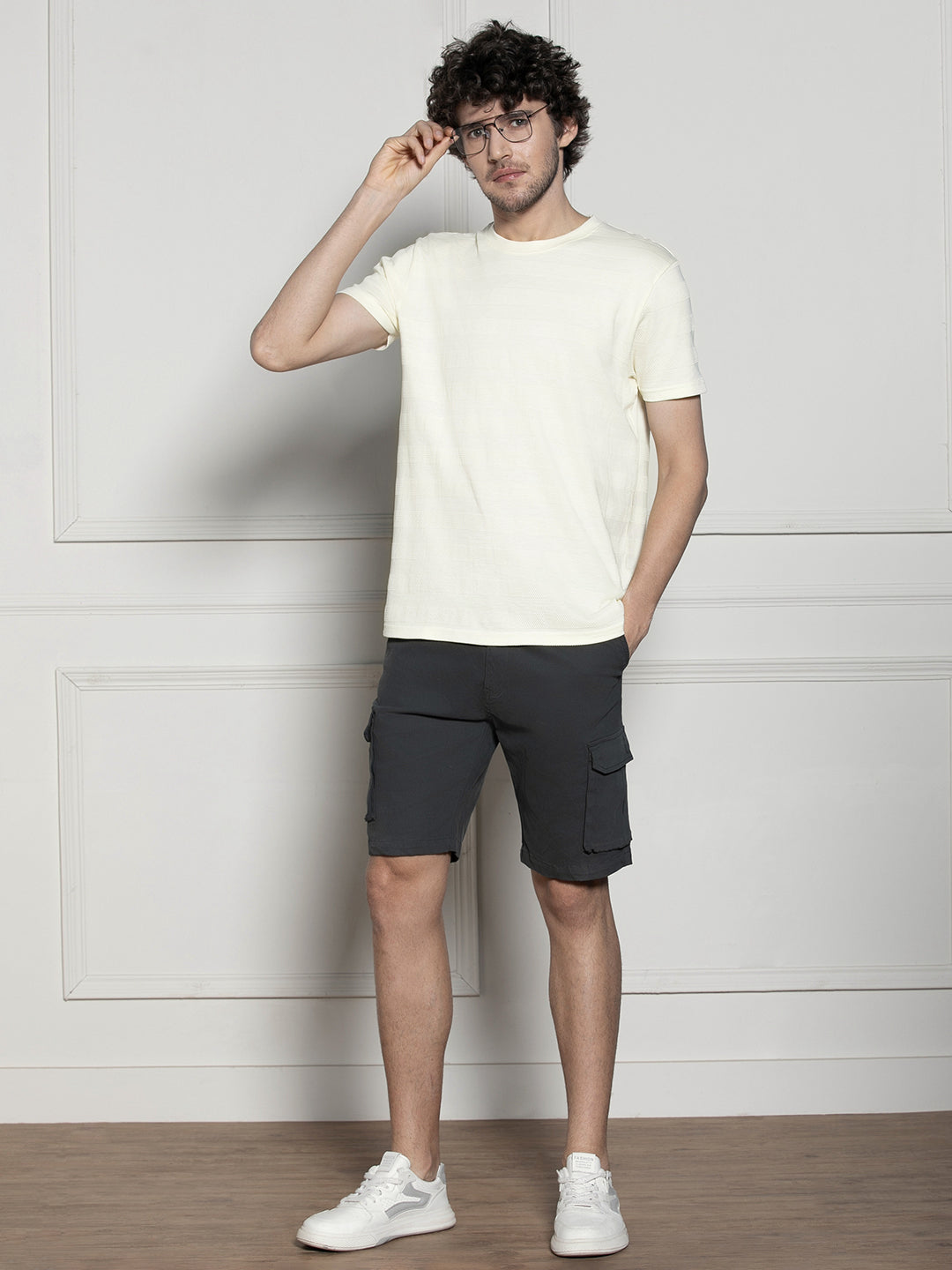 Men's Off-white Round neck Textured Casual T-shirt
