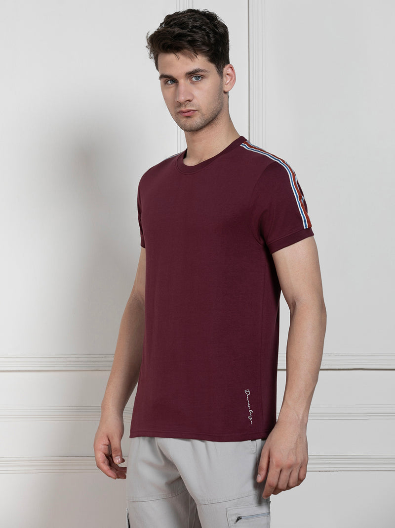Men's Maroon Round Neck Solid Regular Fit T-Shirt