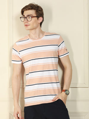 Men's Peach Crew Neck Striped Cotton T-Shirt