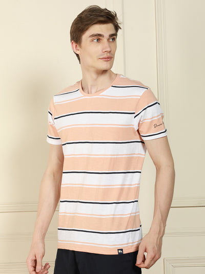 Men's Peach Crew Neck Striped Cotton T-Shirt