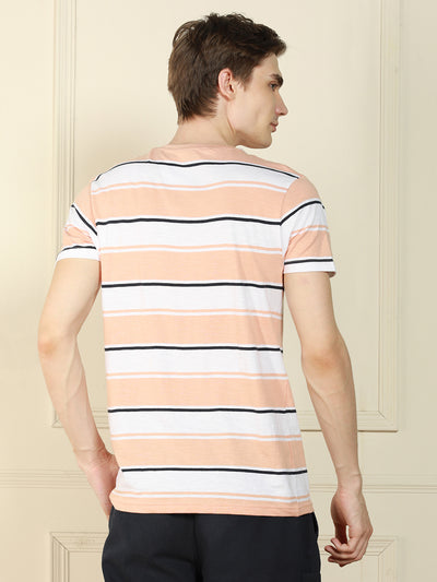 Men's Peach Crew Neck Striped Cotton T-Shirt