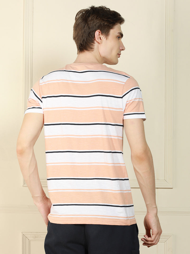 Men's Peach Crew Neck Striped Cotton T-Shirt