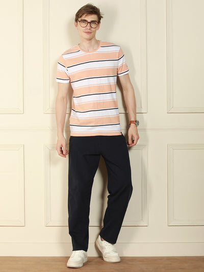 Men's Peach Crew Neck Striped Cotton T-Shirt
