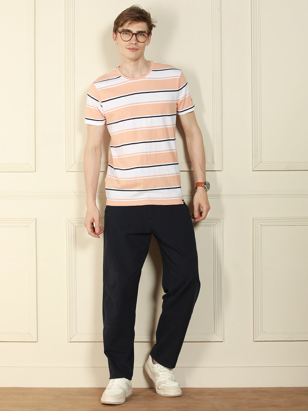 Men's Peach Crew Neck Striped Cotton T-Shirt
