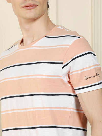 Men's Peach Crew Neck Striped Cotton T-Shirt
