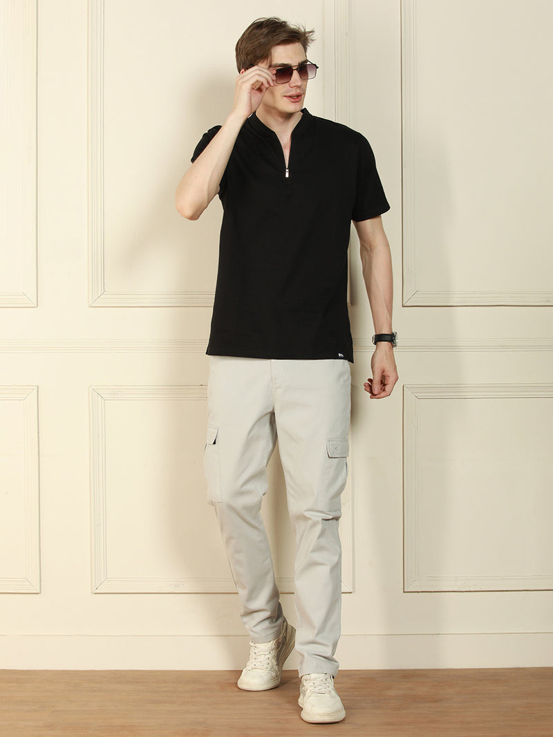 Men's Black Henley Neck Solid Cotton T-Shirt