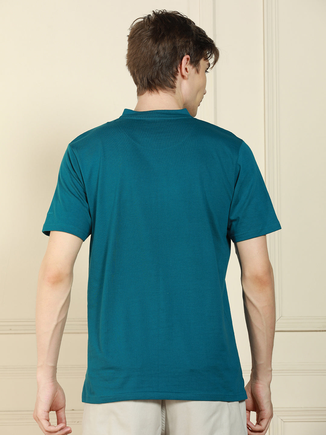 Men's Teal Henley Neck Solid Cotton T-Shirt