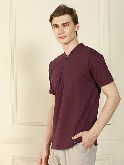Men's Wine Henley Neck Solid Cotton T-Shirt