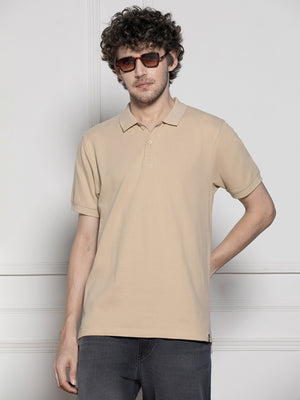 Men's Beige Solid Polo Collar T-shirt