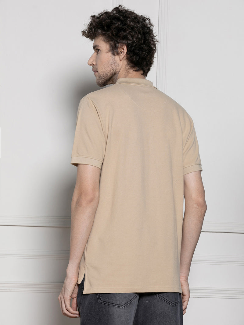 Men's Beige Solid Polo Collar T-shirt