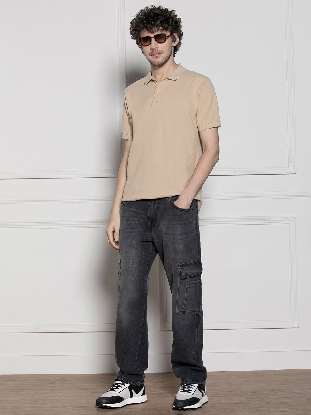 Men's Beige Solid Polo Collar T-shirt