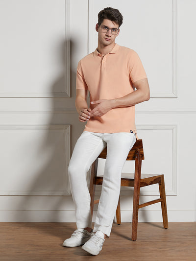 Men's Peach Cotton Regular Fit Polo T-Shirt