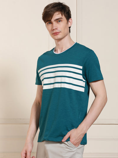 Men's Light Blue Striped Crew Neck Half Sleeves Casual T-Shirt