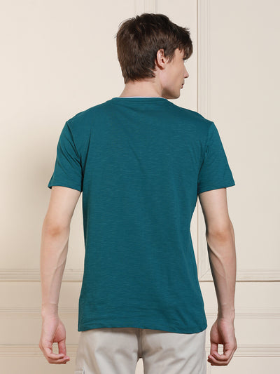 Men's Light Blue Striped Crew Neck Half Sleeves Casual T-Shirt
