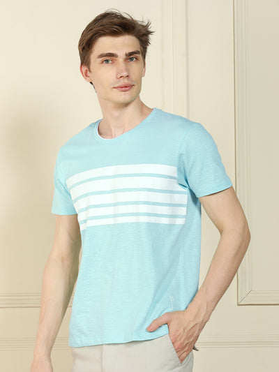 Men's Mid blue Crew Neck Striped Cotton T-Shirt