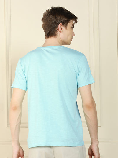 Men's Mid blue Crew Neck Striped Cotton T-Shirt
