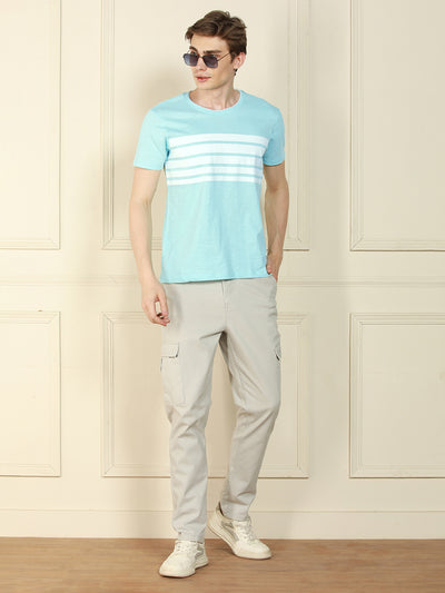Men's Mid blue Crew Neck Striped Cotton T-Shirt