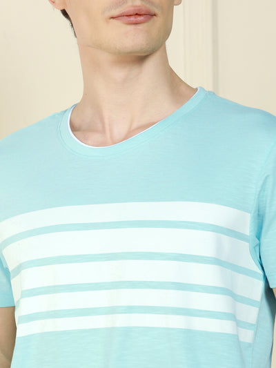 Men's Mid blue Crew Neck Striped Cotton T-Shirt