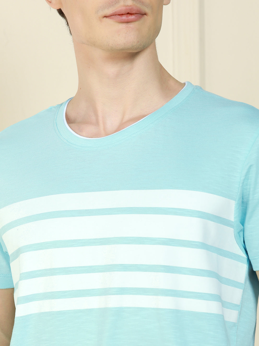 Men's Mid blue Crew Neck Striped Cotton T-Shirt